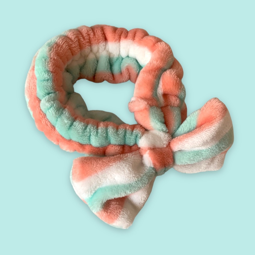Striped Fluffy Stretch Headband in Pink, White, Mint Green - Skincare, Beauty